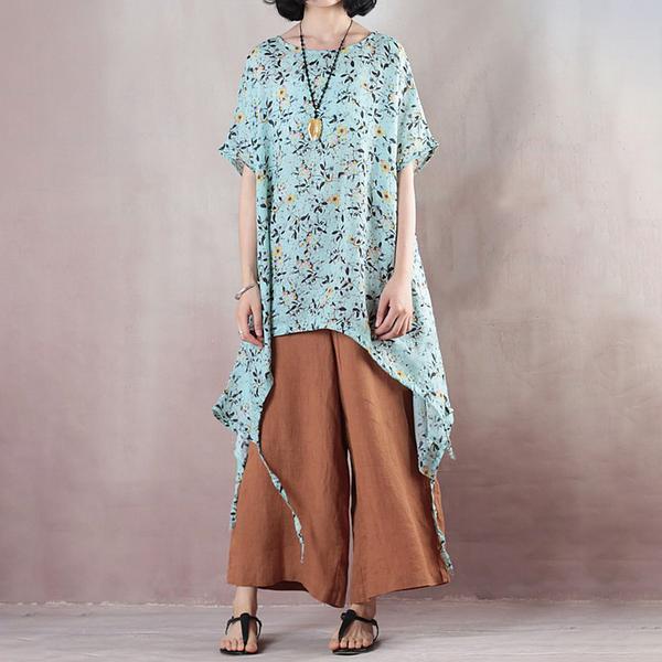 Floral Casual Light Green Round Neck High-Low Hem Shirt