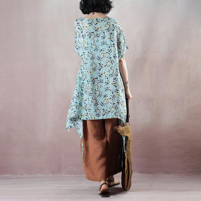 Floral Casual Light Green Round Neck High-Low Hem Shirt