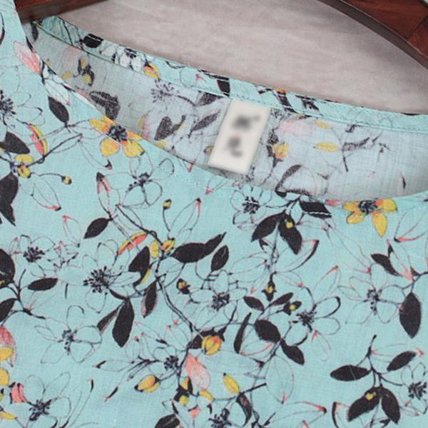 Floral Casual Light Green Round Neck High-Low Hem Shirt