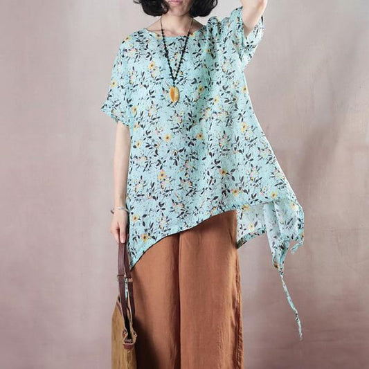 Floral Casual Light Green Round Neck High-Low Hem Shirt