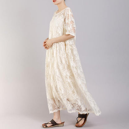 Floral Embroidery Loose Elegant Dress With Lining