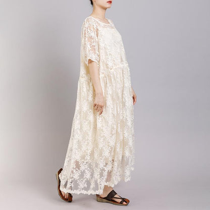 Floral Embroidery Loose Elegant Dress With Lining