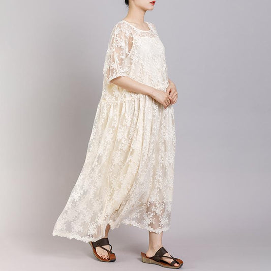 Floral Embroidery Loose Elegant Dress With Lining