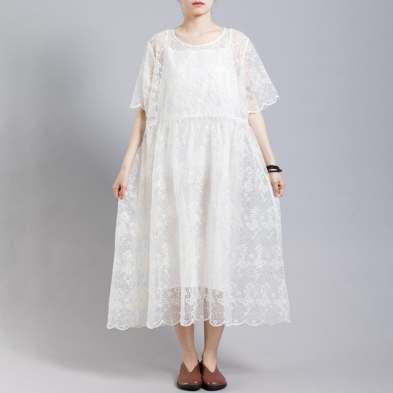 Floral Embroidery Transparent Dress With Lining