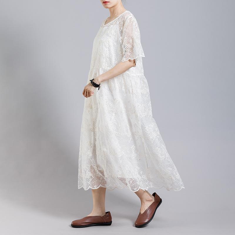 Floral Embroidery Transparent Dress With Lining