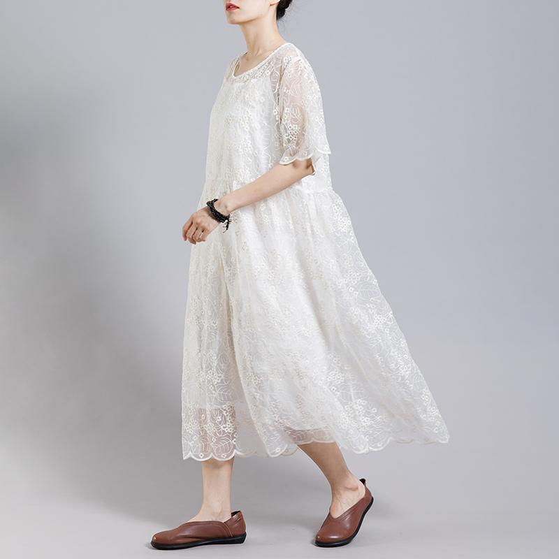 Floral Embroidery Transparent Dress With Lining