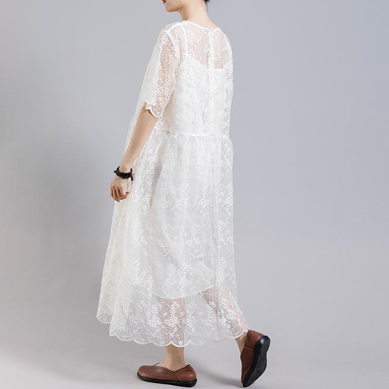 Floral Embroidery Transparent Dress With Lining