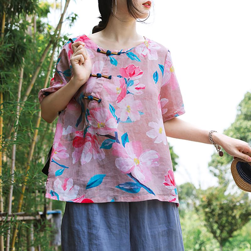 Floral Print Frog Round Collar T-Shirt