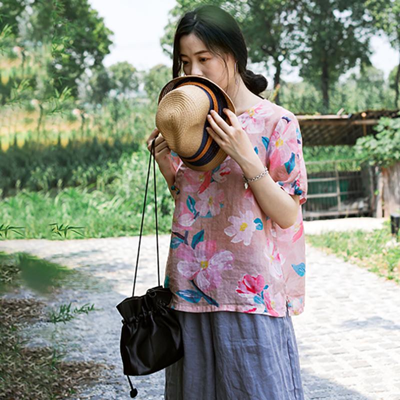 Floral Print Frog Round Collar T-Shirt