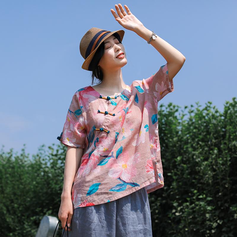 Floral Print Frog Round Collar T-Shirt