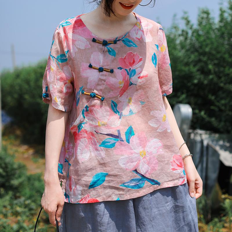 Floral Print Frog Round Collar T-Shirt
