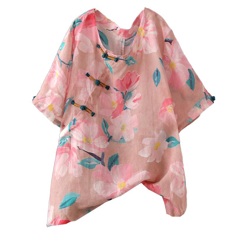 Floral Print Frog Round Collar T-Shirt