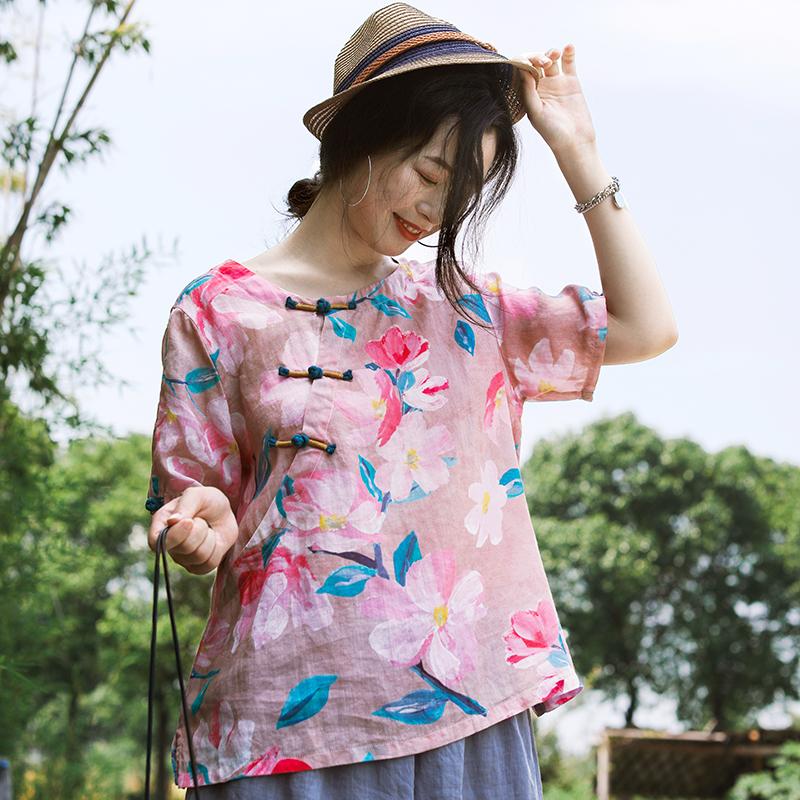 Floral Print Frog Round Collar T-Shirt