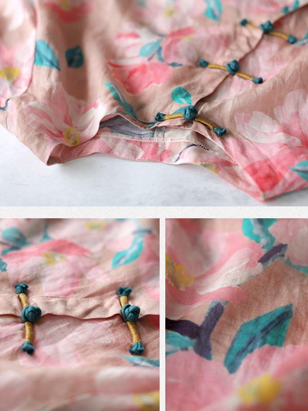 Floral Print Frog Round Collar T-Shirt