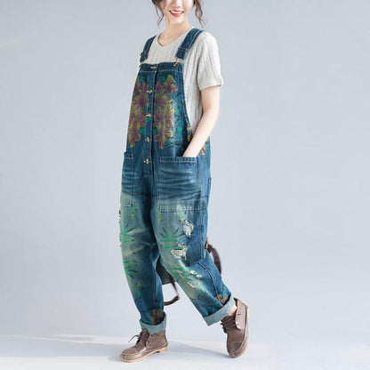 Floral Print Hole Loose Jumpsuit