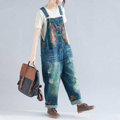 Floral Print Hole Loose Jumpsuit