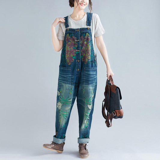 Floral Print Hole Loose Jumpsuit