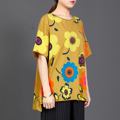 Floral Print Loose Cotton Yellow T-Shirt