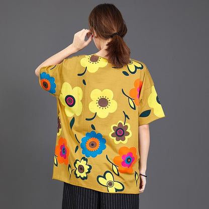 Floral Print Loose Cotton Yellow T-Shirt