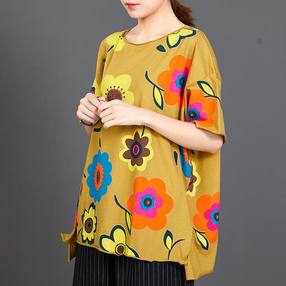 Floral Print Loose Cotton Yellow T-Shirt