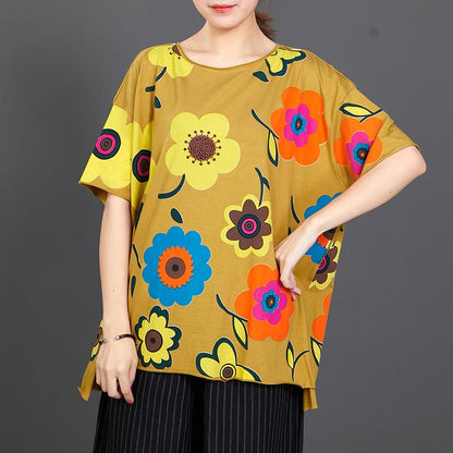Floral Print Loose Cotton Yellow T-Shirt