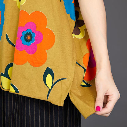 Floral Print Loose Cotton Yellow T-Shirt