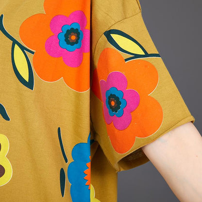 Floral Print Loose Cotton Yellow T-Shirt