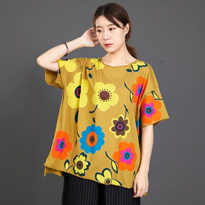 Floral Print Loose Cotton Yellow T-Shirt