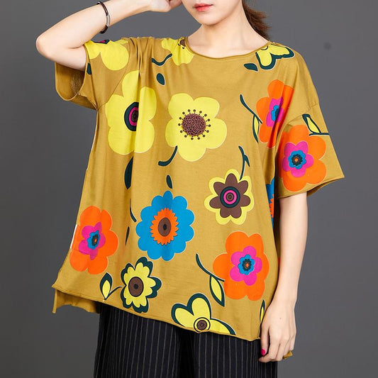 Floral Print Loose Cotton Yellow T-Shirt