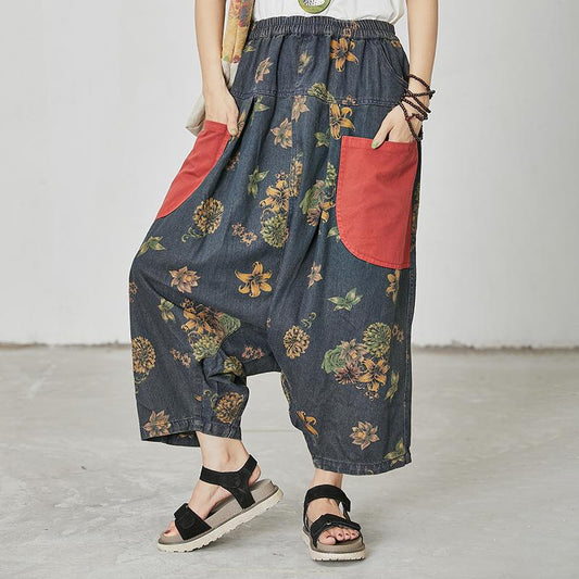 Floral Printed And Patchwork Loose Pants