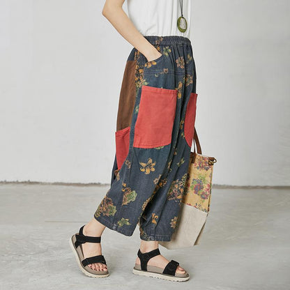 Floral Printed And Patchwork Loose Pants