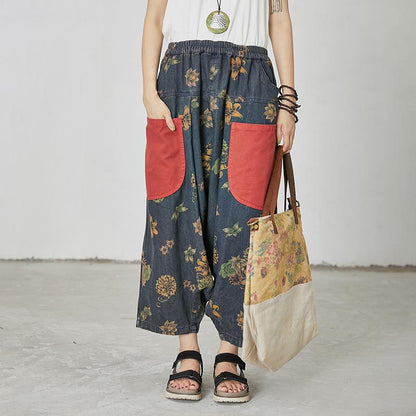 Floral Printed And Patchwork Loose Pants