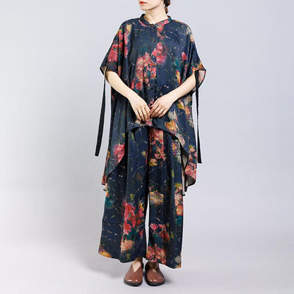 Floral Printed Irregular Lacing Two Piece Suit