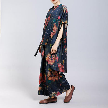 Floral Printed Irregular Lacing Two Piece Suit