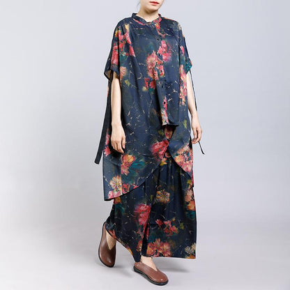 Floral Printed Irregular Lacing Two Piece Suit