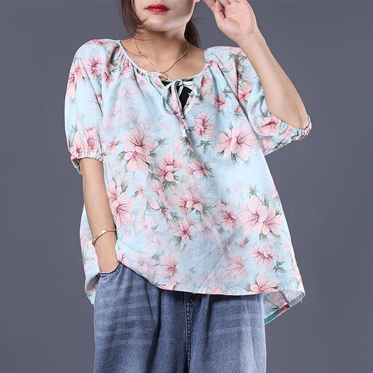 Floral Printed Lacing Loose V-Neck T-Shirt