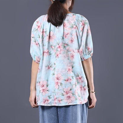 Floral Printed Lacing Loose V-Neck T-Shirt