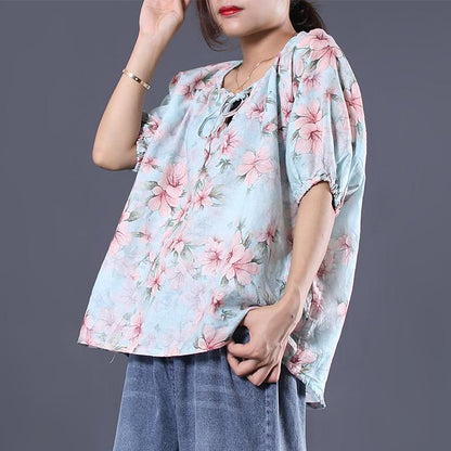 Floral Printed Lacing Loose V-Neck T-Shirt
