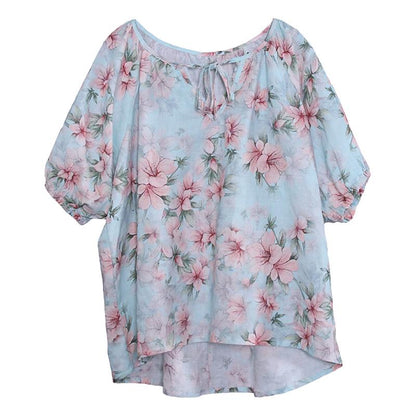 Floral Printed Lacing Loose V-Neck T-Shirt