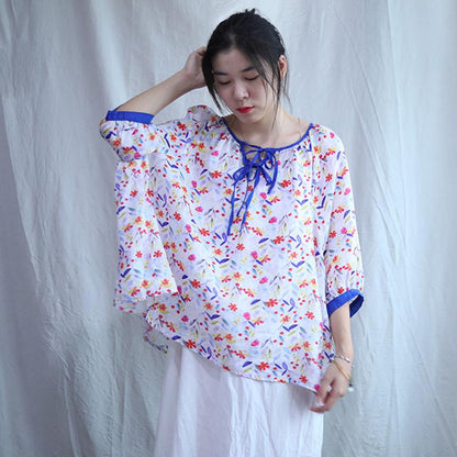 Floral Printed Lacing Three Quarter Sleeve Blouse