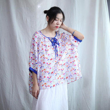 Floral Printed Lacing Three Quarter Sleeve Blouse