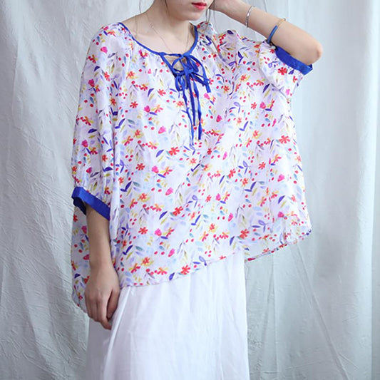 Floral Printed Lacing Three Quarter Sleeve Blouse