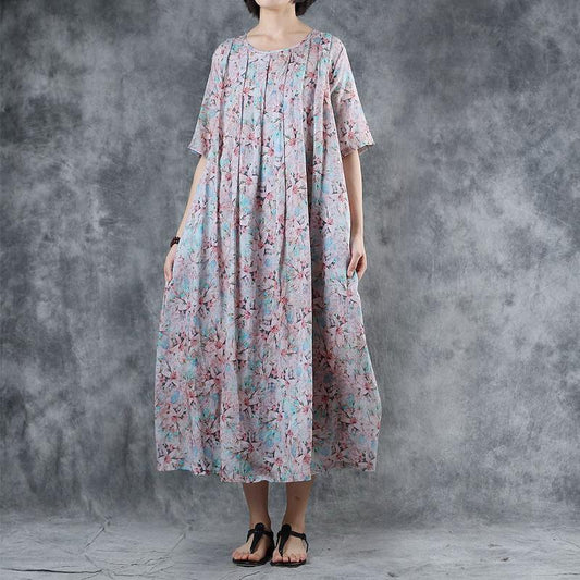 Floral Printed Pleated Short Sleeve Midi Dress