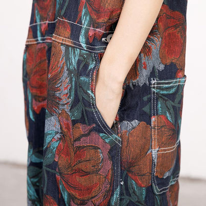 Floral Printed Pockets Casual Loose Jumpsuit