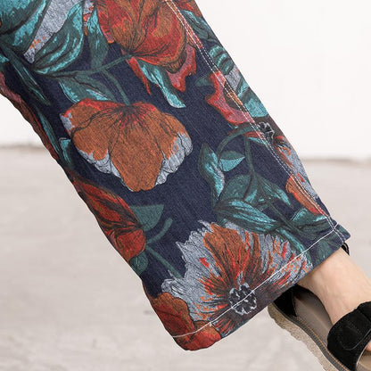 Floral Printed Pockets Casual Loose Jumpsuit