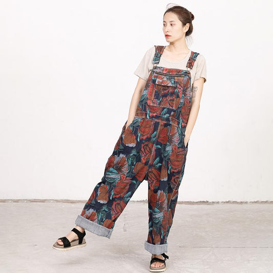 Floral Printed Pockets Casual Loose Jumpsuit
