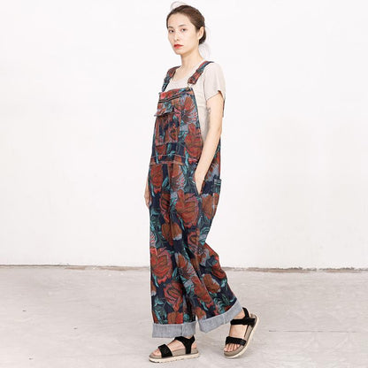 Floral Printed Pockets Casual Loose Jumpsuit
