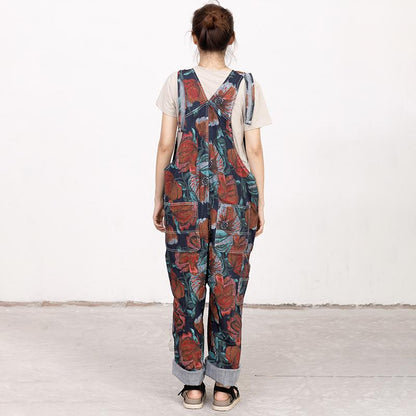 Floral Printed Pockets Casual Loose Jumpsuit