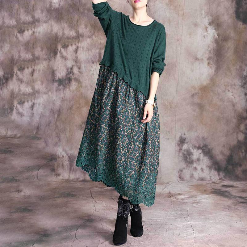 Floral Printed Spliced Knit Soft Comfortable Dress