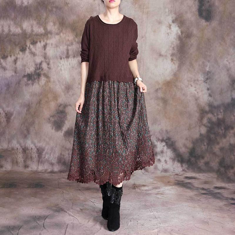 Floral Printed Spliced Knit Soft Comfortable Dress